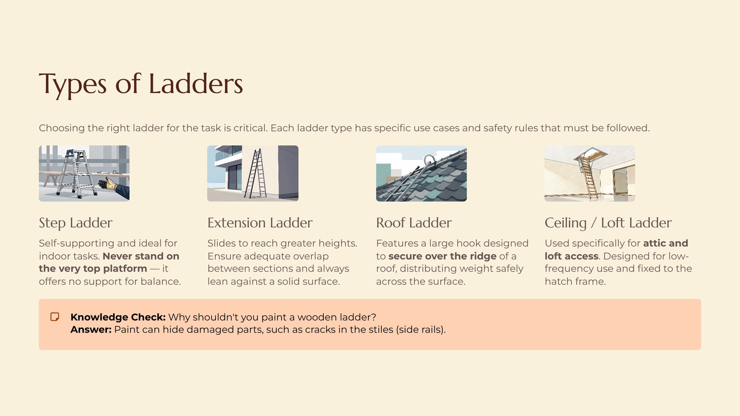 Types of Ladders: Step ladders, extension ladders, roof ladders, and ceiling/loft ladders. Each type has specific use cases and safety rules.
